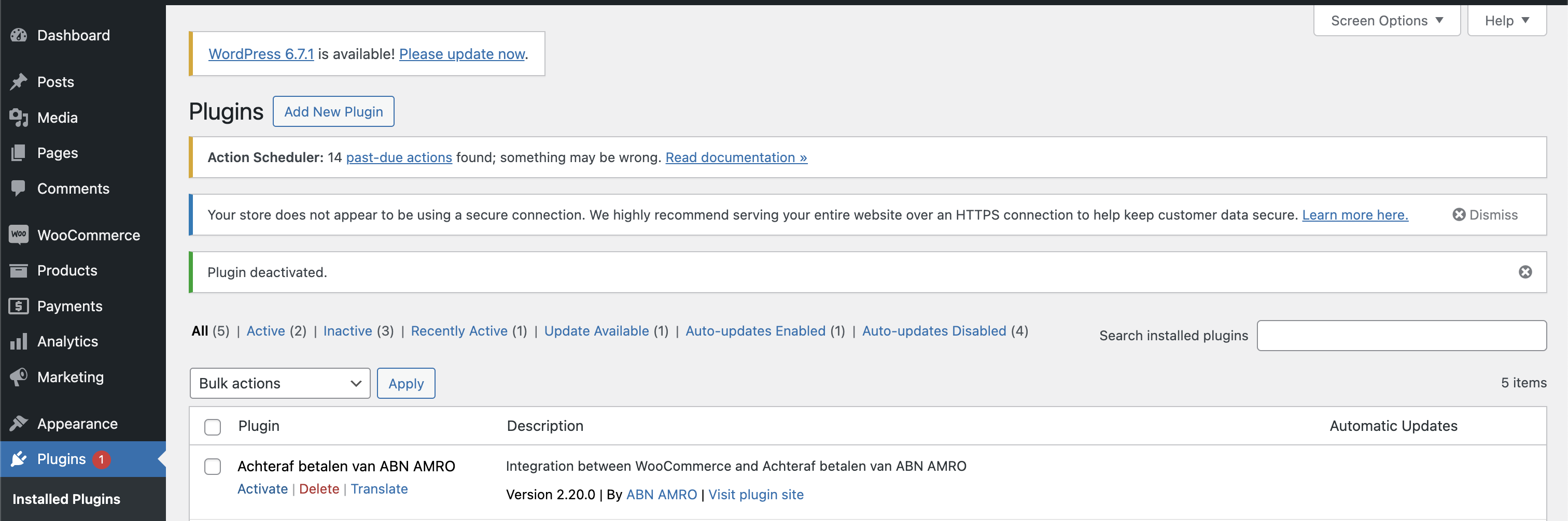 WordPress backend showing the activate plugin screen