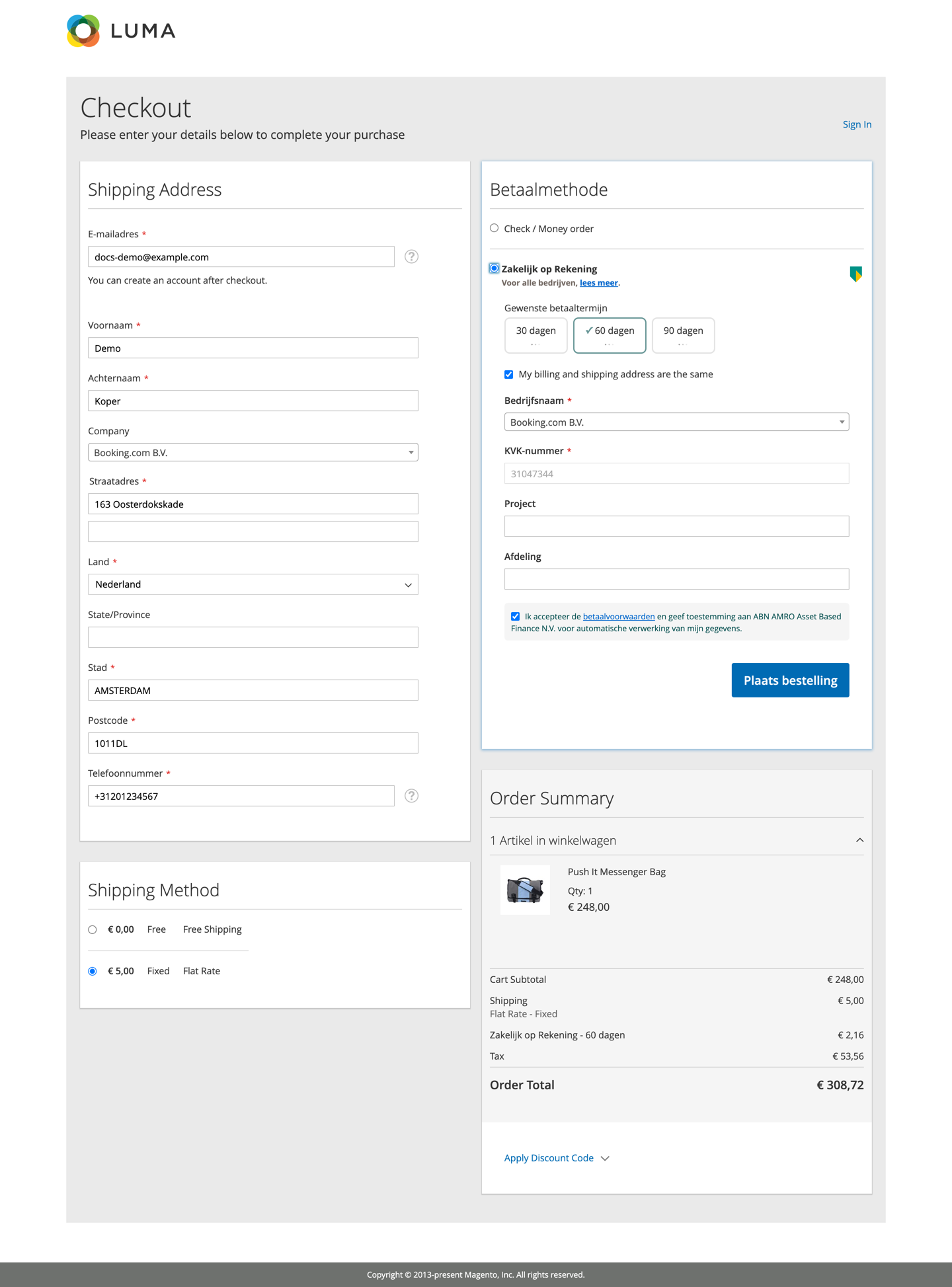 Checkout with Zakelijk op Rekening selected