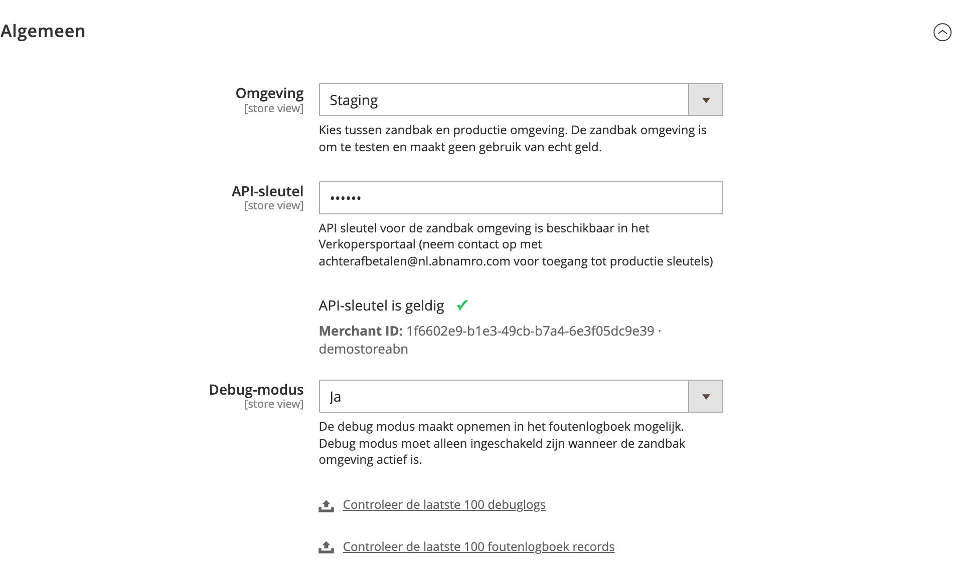 Screenshot of Magento backend showing ABN AMRO configuration General tab