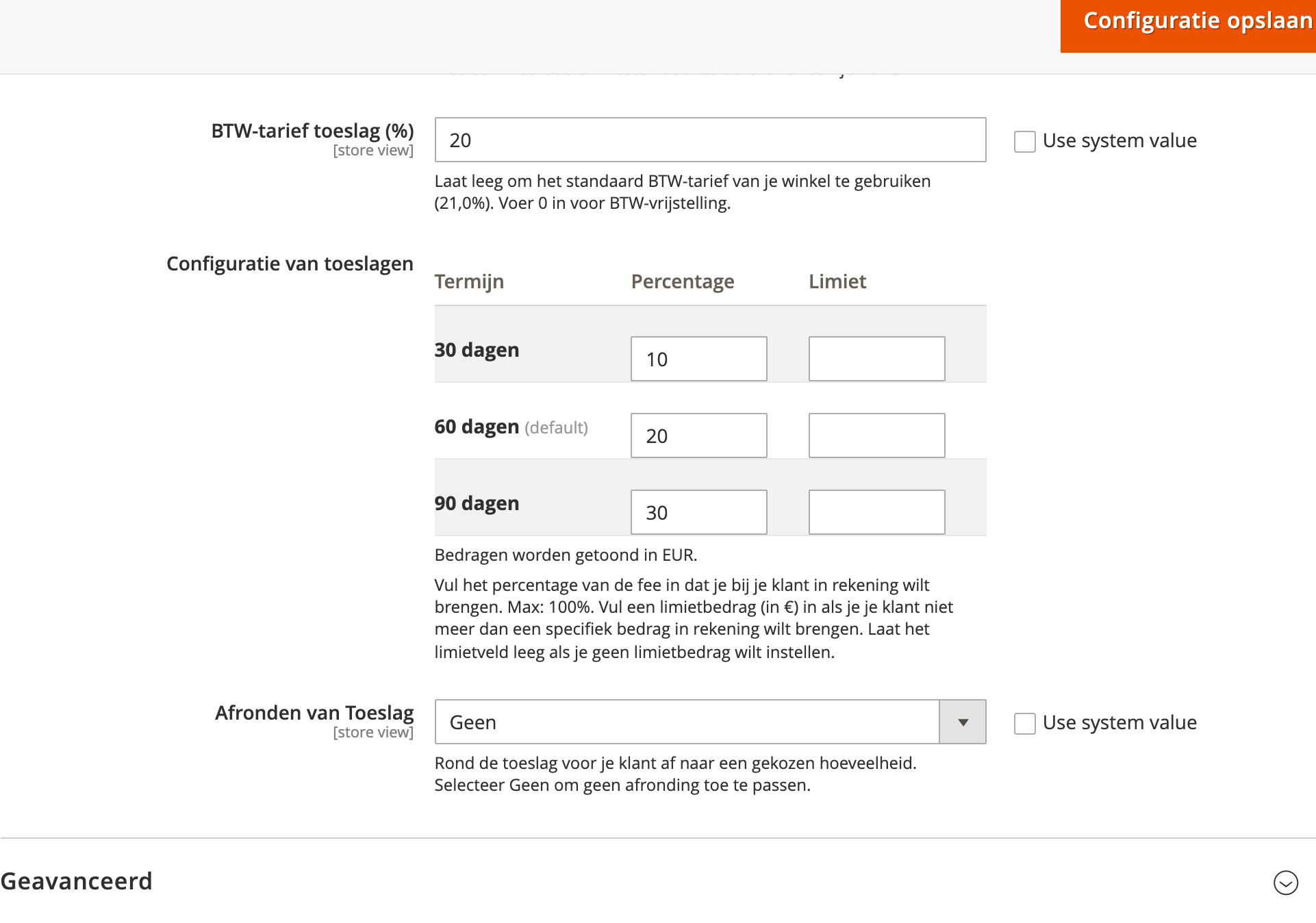 Screenshot of Magento backend showing ABN AMRO configuration Payment tab