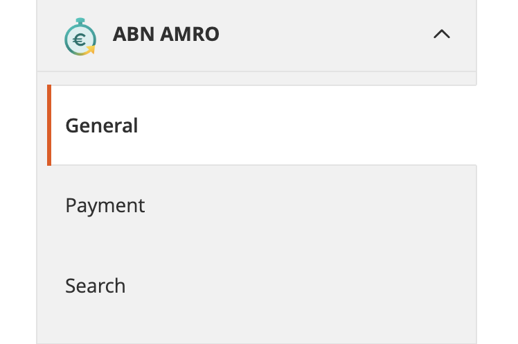 Screenshot of Magento backend showing ABN AMRO configuration tabs