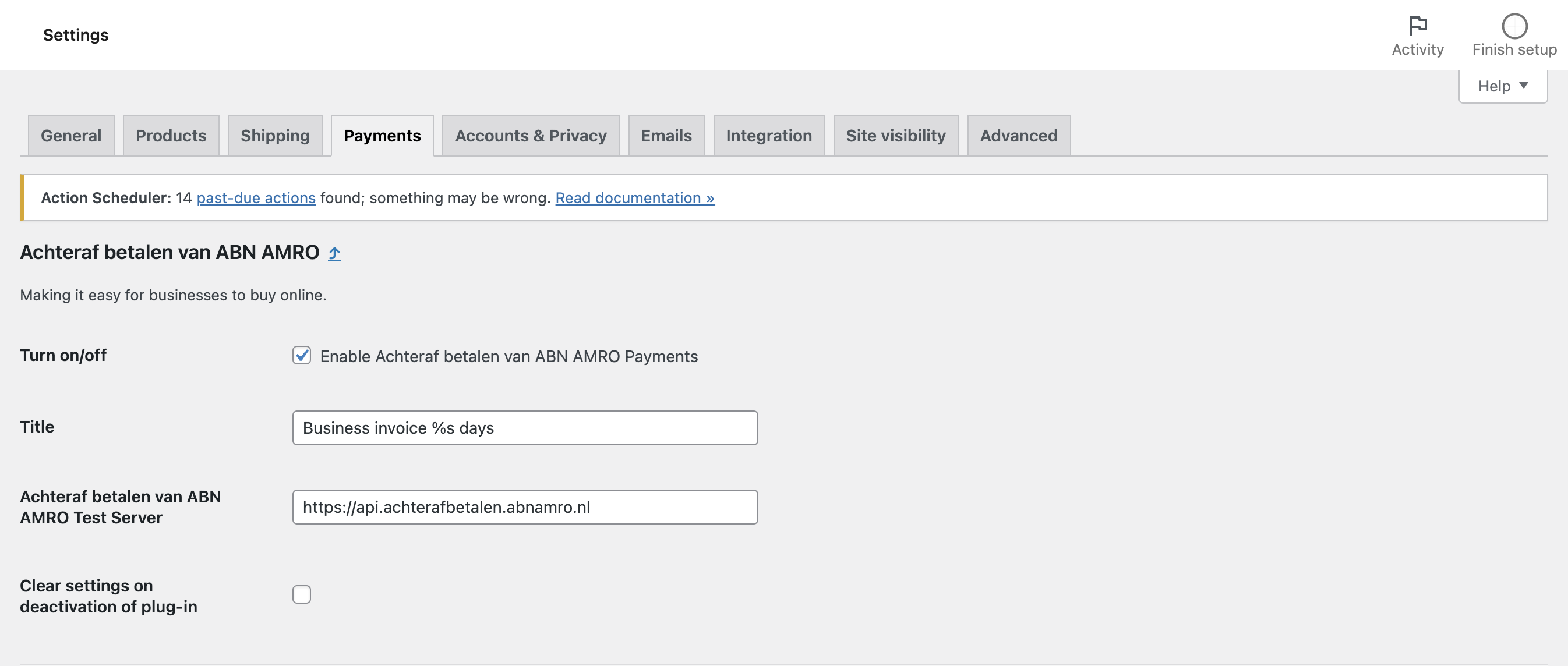 WordPress backend showing the ABN AMRO plugin configuration page