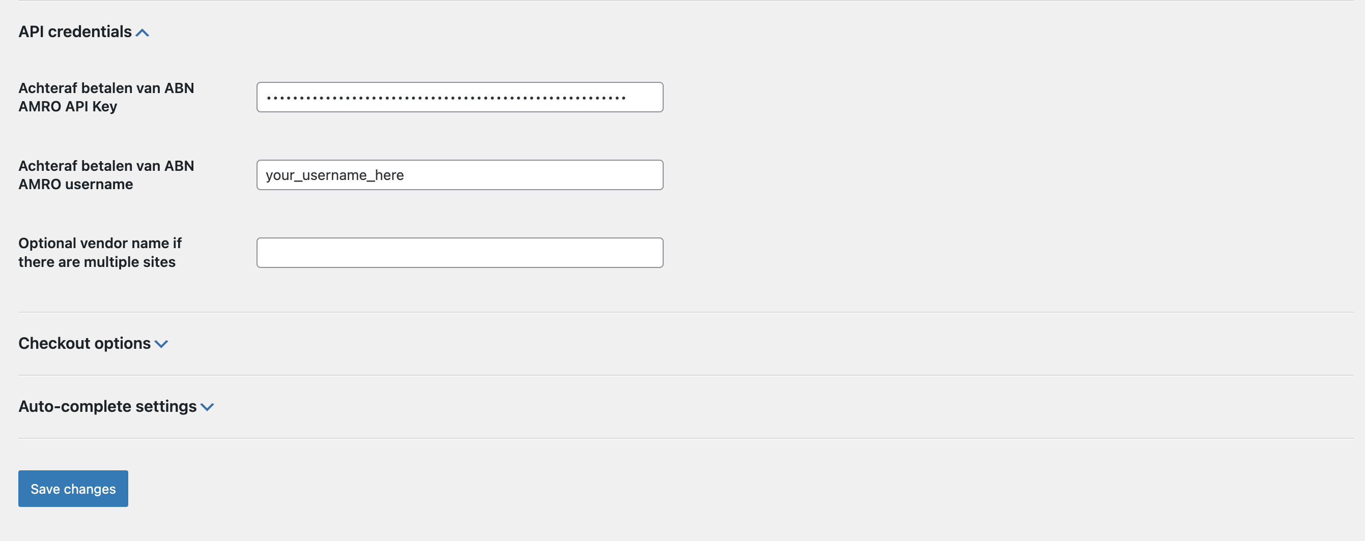 WordPress backend showing the ABN AMRO plugin configuration page