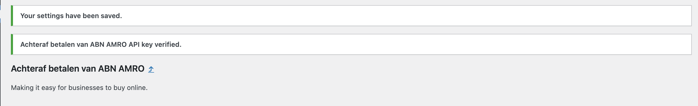WordPress backend showing the ABN AMRO plugin configuration page