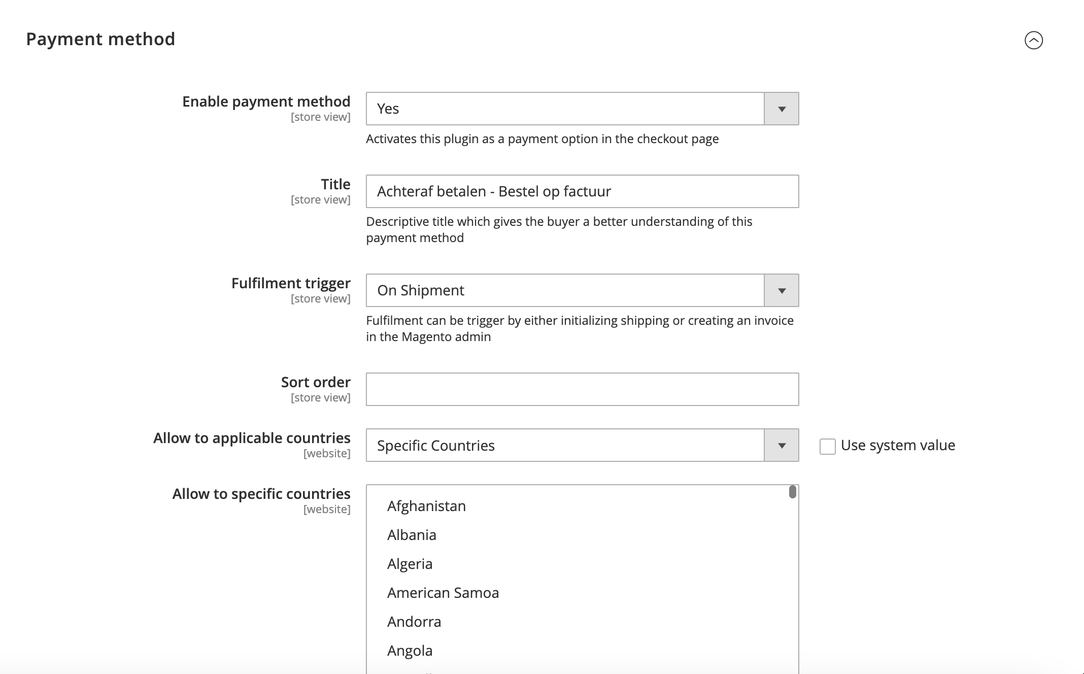 Screenshot of Magento backend showing ABN AMRO configuration Payment tab