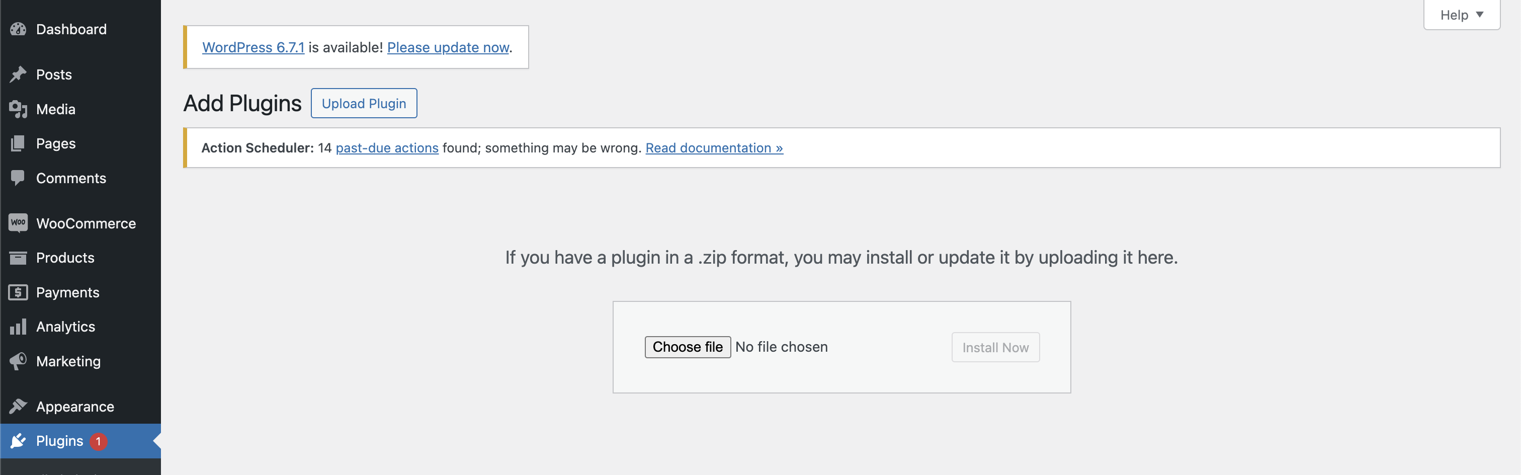 WordPress backend showing the upload plugin choose file screen
